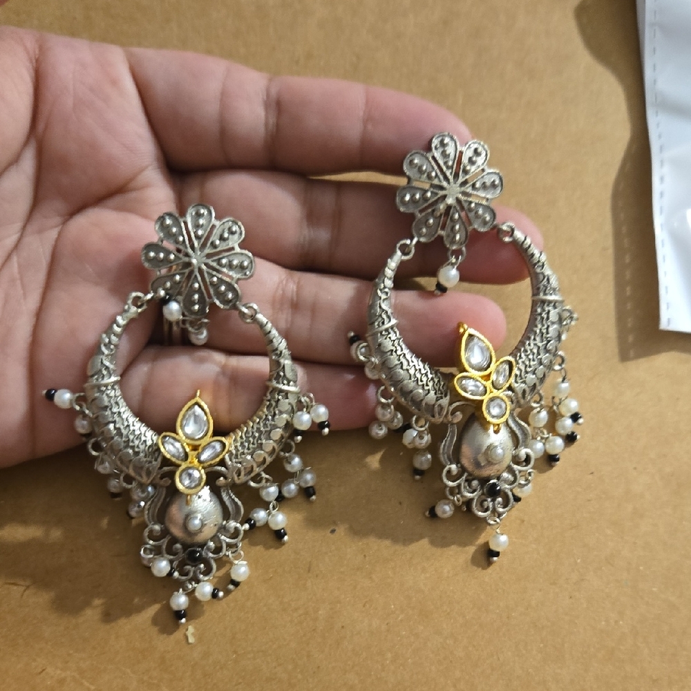 Indian Silver and Gold Floral Dangle Earrings